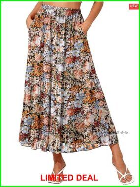 Women's Elastic High Waist Chiffon Boho Maxi Skirt with Pockets